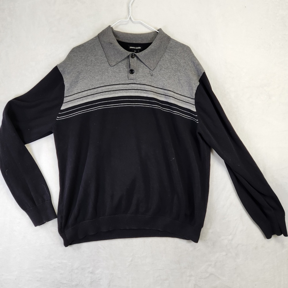 Pierre Cardin Mens XL‎ Cotton Long Sleeve Polo Sweater Black Grey Striped Knit